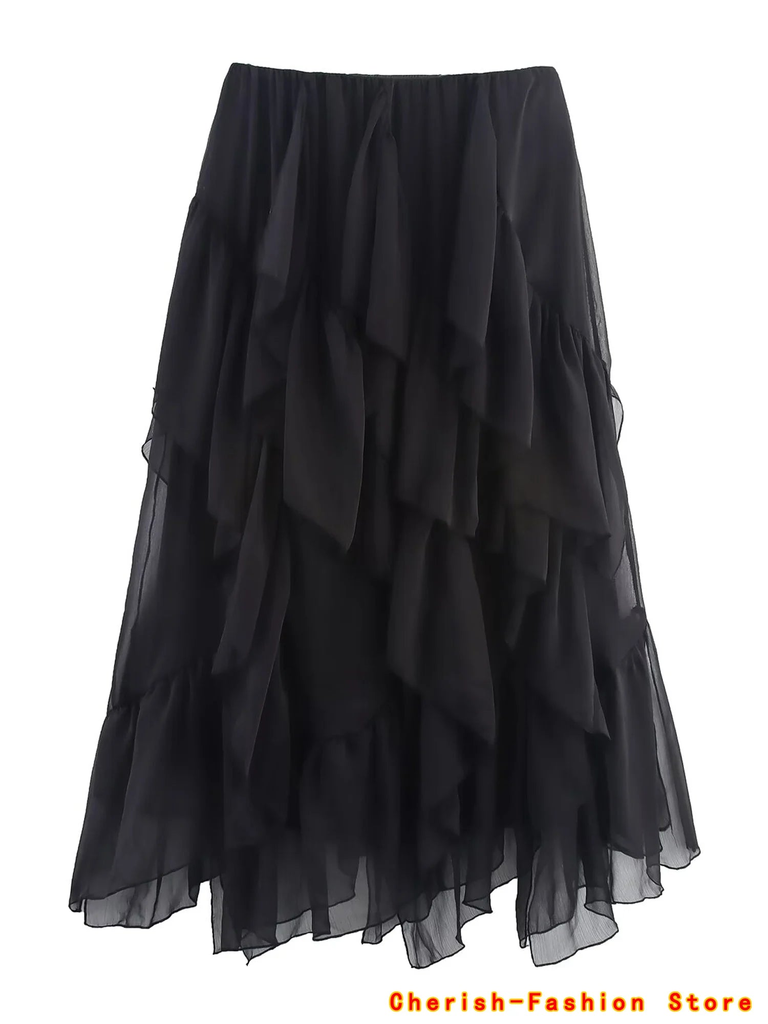 Topenomi Fairy Tierred Ruffled Skirt Women Summer Simple Solid Elastic Waist A-line Long SkirtsK Fashion Versatile Юбка