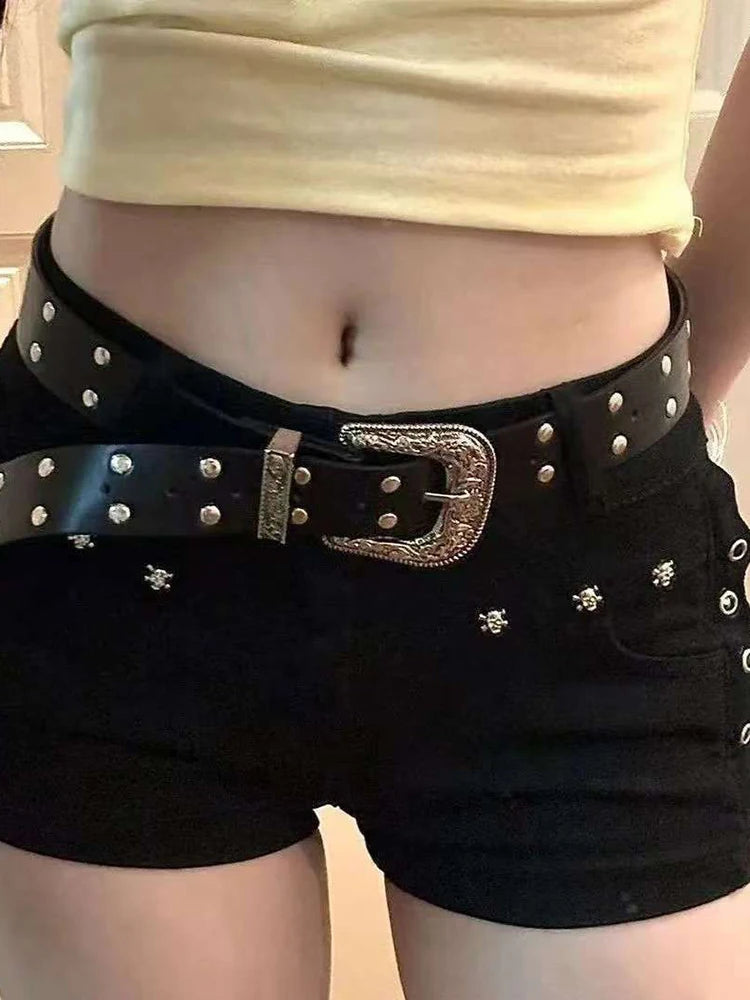 Aoaiiys Short Jeans Woman Harajuku Fashion Rivet White Shorts Summer 2026 New Gothic Spice Girls Sexy Low Waisted Slim Shorts