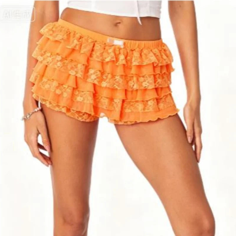 Women Lolita Bloomers Cute Ruffle Shorts Lace Trim Pumpkin Pants Sexy Boyshorts Layered Bottoms Y2k Fairy Sweet Pettipants