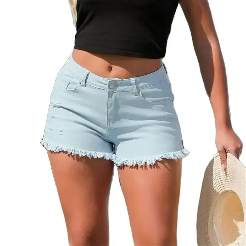 Women Summer Split Tassel Trouser Legs Denim Shorts Vintage Bro...