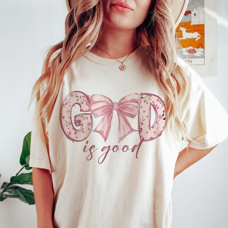 God Is Good Christian Jesus Bible Verse Bow Print T-shirts Short Sleeve  Women Shirt Fashion Graphic Tops Female Clothing