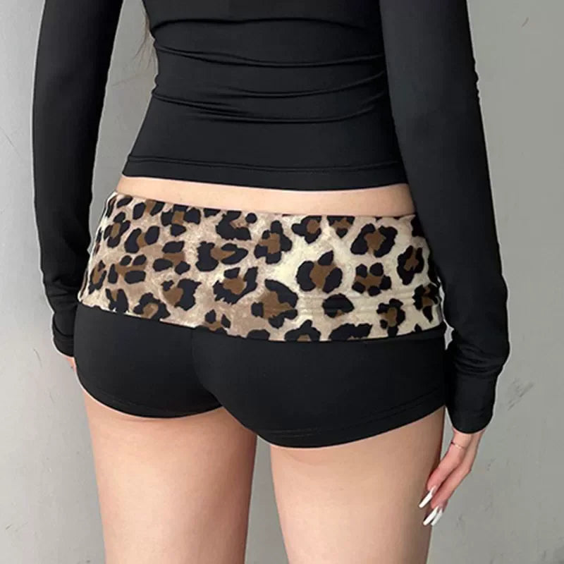 Contrast Patchwork Leopard Low Waist Slim Sexy Booty Shorts Womens Baddie Outfits