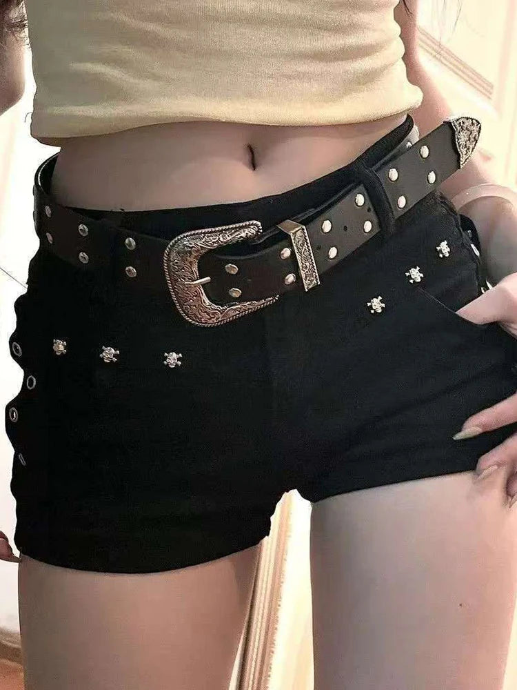 Aoaiiys Short Jeans Woman Harajuku Fashion Rivet White Shorts Summer 2026 New Gothic Spice Girls Sexy Low Waisted Slim Shorts