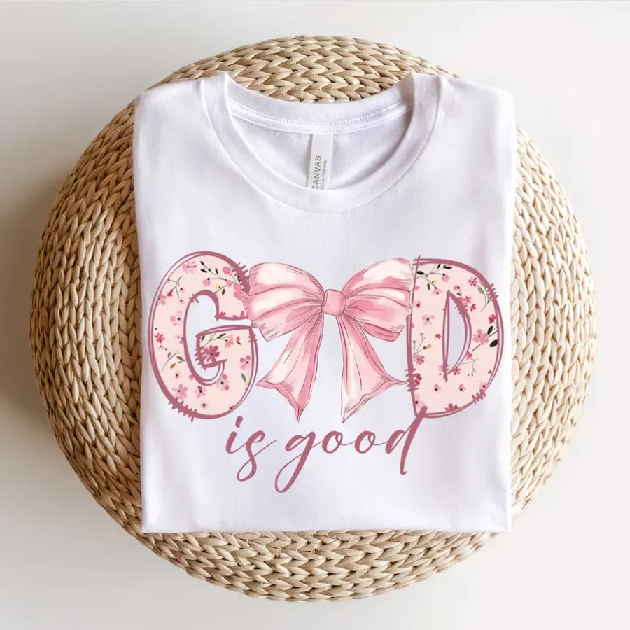 God Is Good Christian Jesus Bible Verse Bow Print T-shirts Short Sleeve  Women Shirt Fashion Graphic Tops Female Clothing