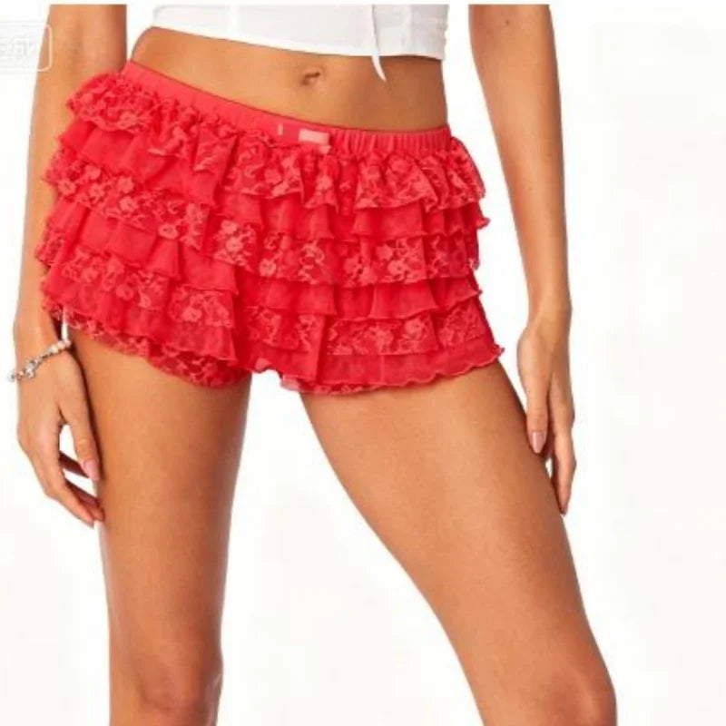Women Lolita Bloomers Cute Ruffle Shorts Lace Trim Pumpkin Pants Sexy Boyshorts Layered Bottoms Y2k Fairy Sweet Pettipants