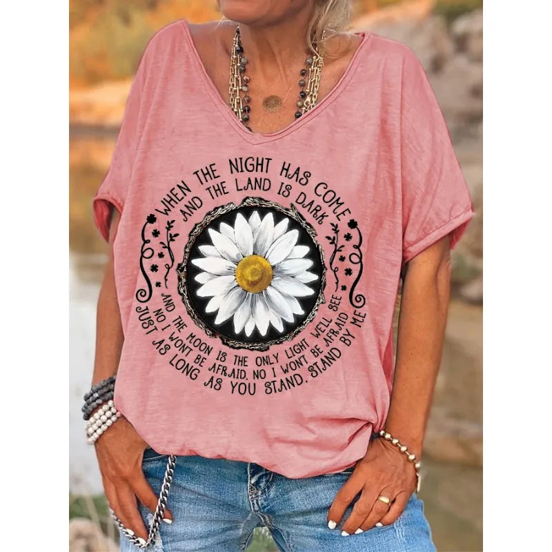 ilstile Women's Hippie Flower Print T-Shirts  Summer Beach Short Sleeve Casual Loose V Neck Tops Black Grey Tees New Arrival